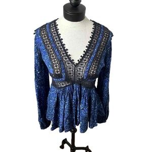 Rebecca Taylor Blue Paisley‎ Print Cut out Long Sleeve Lace V-Neck Top 4